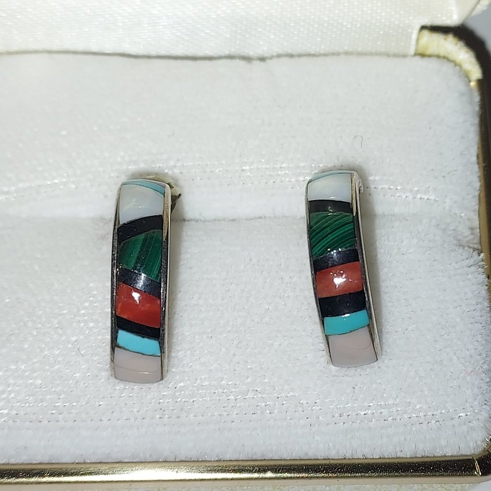 Zuni Sterling Multi-Stone Inlay Petite Earrings Signed RU half hoop studs
